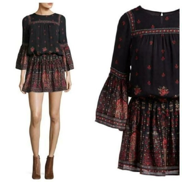 JOIE Armel Floral print Long sleeve Blouson Mini Dress Black Size S - Picture 9 of 10